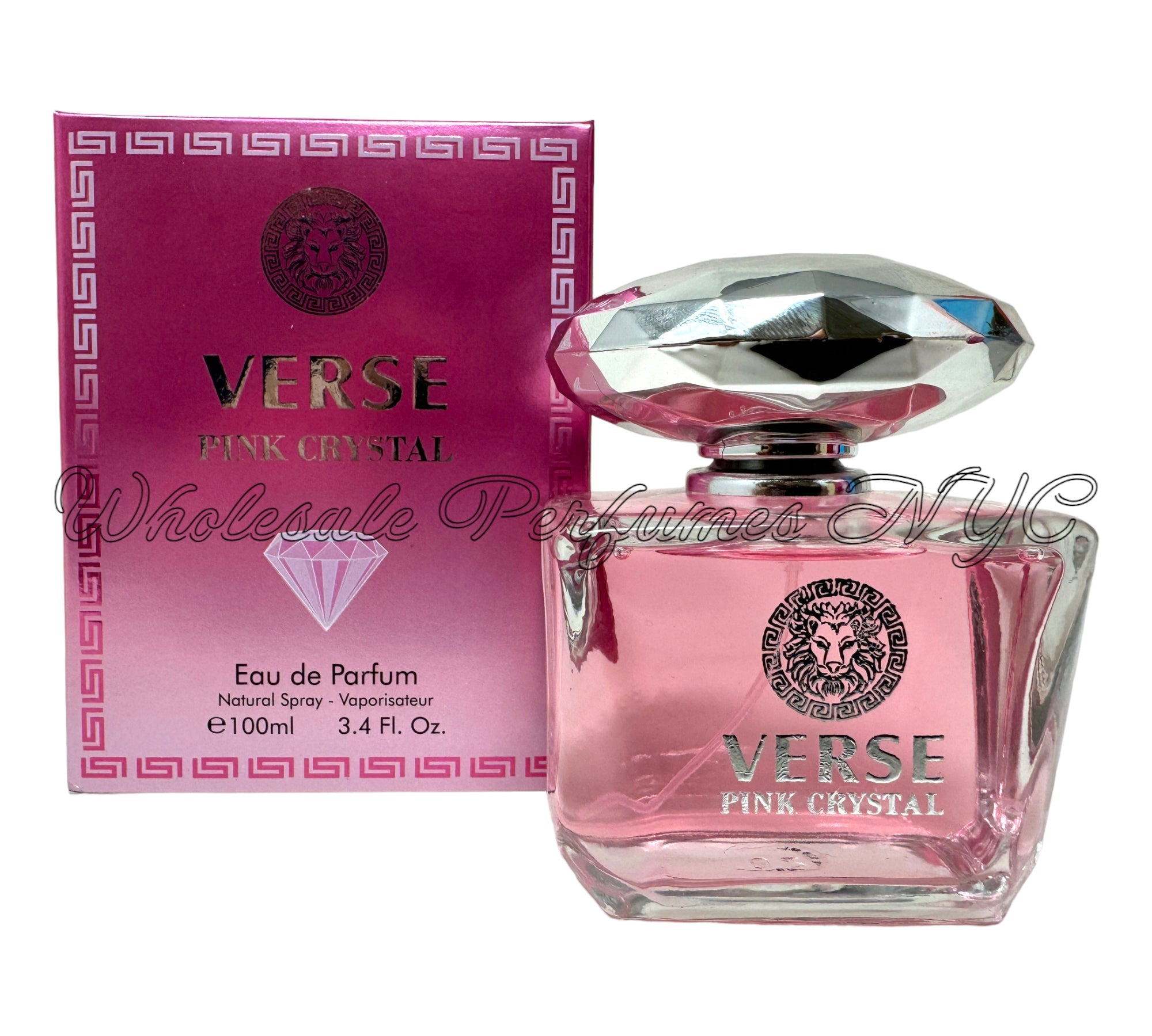 A stylish 3.4oz bottle of Verse Pink Crystal Eau de Parfum for Women, featuring a sleek design and elegant pink hues.