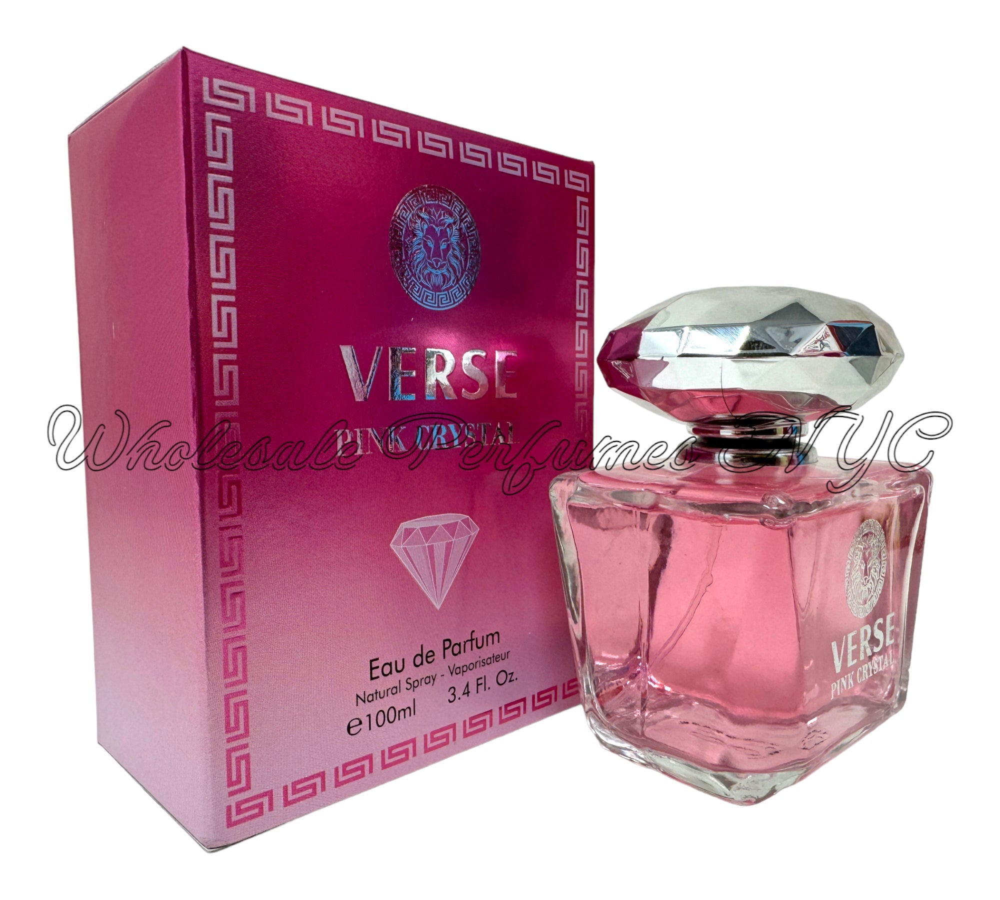 A stylish 3.4oz bottle of Verse Pink Crystal Eau de Parfum for Women, featuring a sleek design and elegant pink hues.