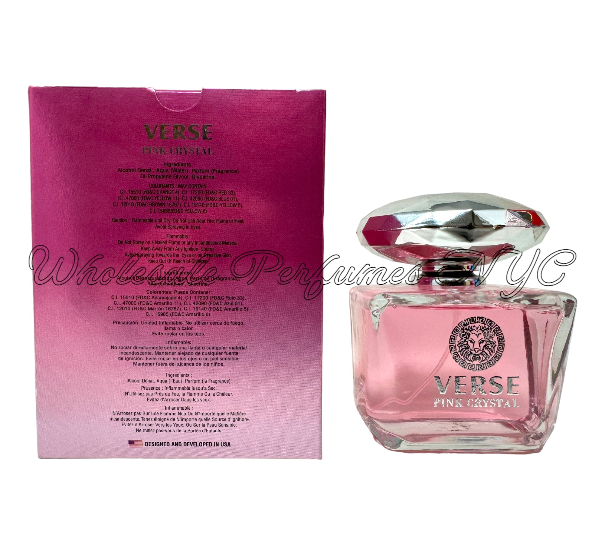 A stylish 3.4oz bottle of Verse Pink Crystal Eau de Parfum for Women, featuring a sleek design and elegant pink hues.