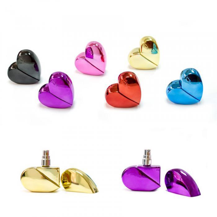 A set of five heart-shaped perfume spray bottles, each holding 30 ML of fragrance, elegantly designed for travel and gifting.