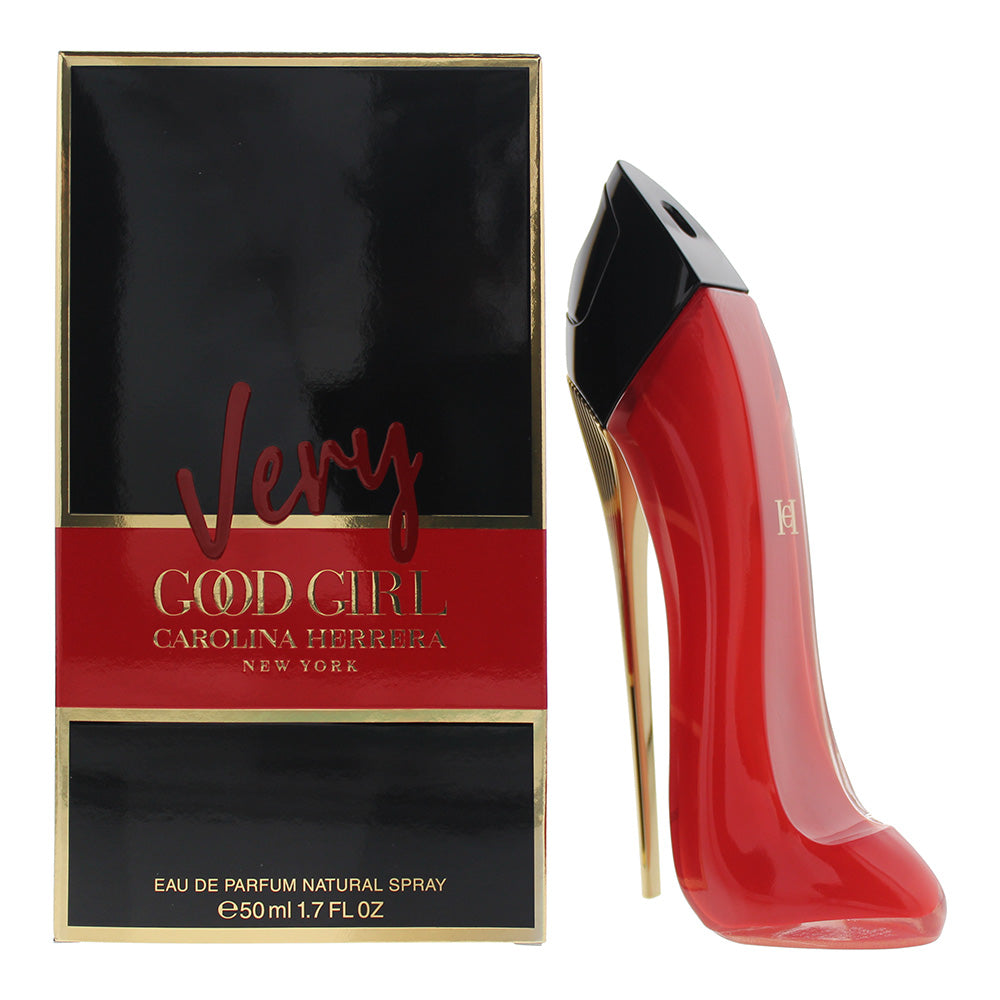 Carolina Herrera Very Good Girl Eau de Parfum in a stylish stiletto-shaped bottle, showcasing its vibrant red color.