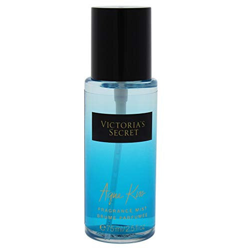 Victoria's Secret Aqua Kiss Fragrance Mist bottle with floral and aquatic design, showcasing its refreshing scent.