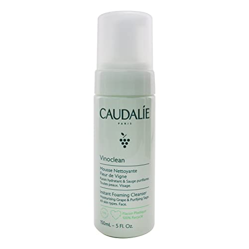 Caudalie Vinoclean Instant Foaming Cleanser in a sleek bottle with a foaming pump, showcasing its gentle and refreshing formula.