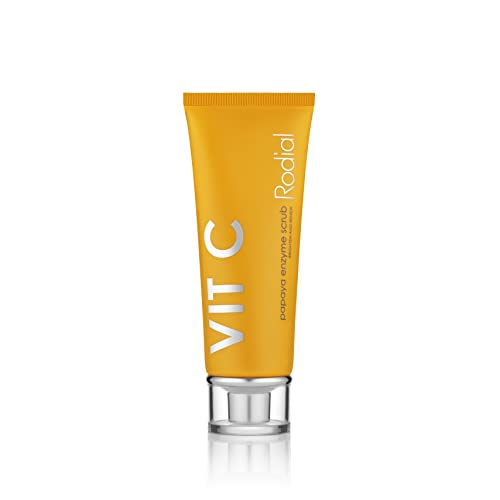 Rodial Vit C Papaya Enzyme Scrub in a sleek container with a vibrant label, showcasing its exfoliating properties.