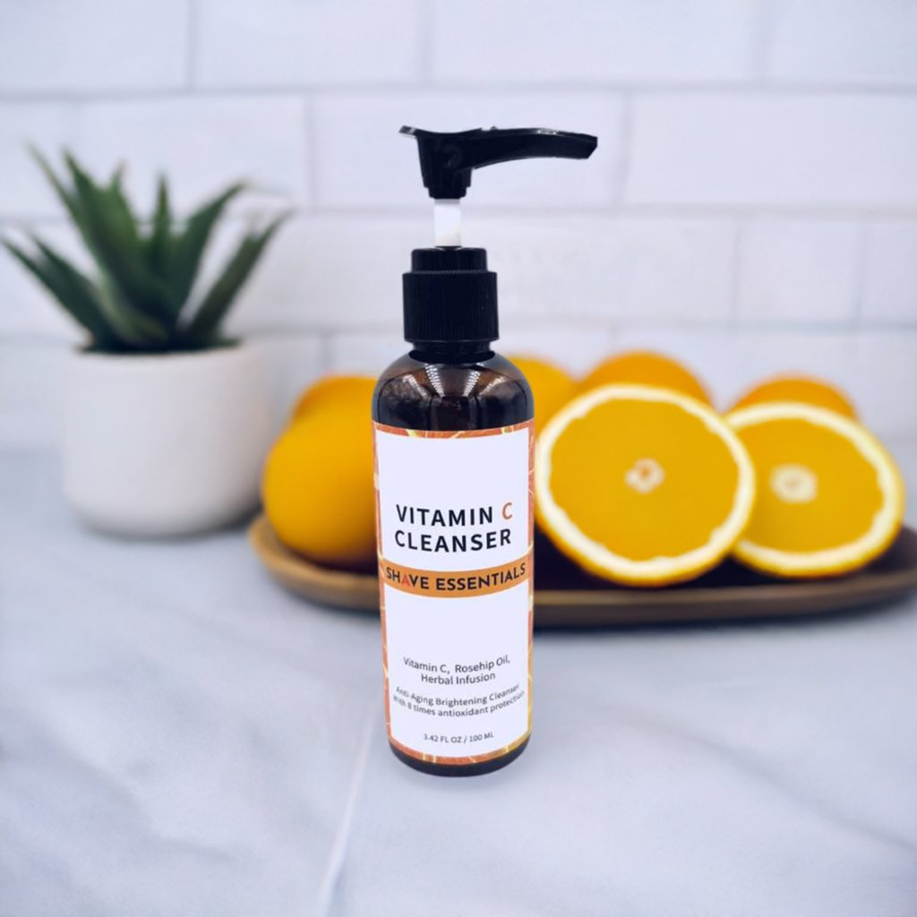 Vitamin C Anti-Aging Cleanser bottle with a vibrant label, showcasing its nourishing ingredients like vitamin C and aloe vera.