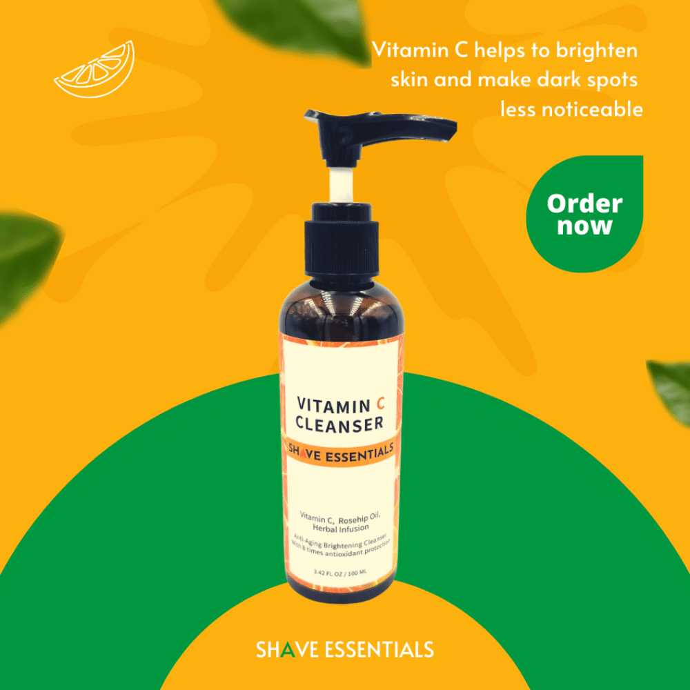 Vitamin C Anti-Aging Cleanser bottle with a vibrant label, showcasing its nourishing ingredients like vitamin C and aloe vera.