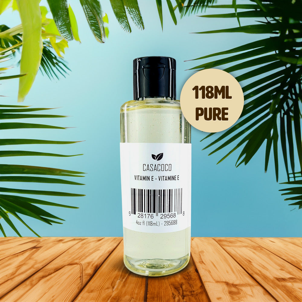 A bottle of pure Vitamin E oil with a dropper, showcasing its rich golden color, ideal for skincare and hair care.