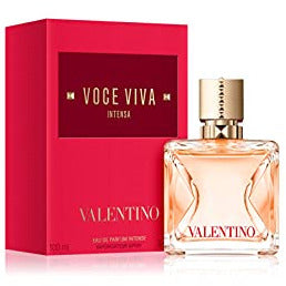 A luxurious bottle of Valentino Voce Viva Intensa Eau de Parfum, featuring an elegant design with a gold cap.