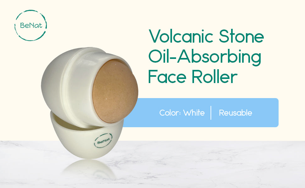 Volcanic Stone Oil-Absorbing Face Roller in white, showcasing its compact design and volcanic stone material for effective oil absorption.