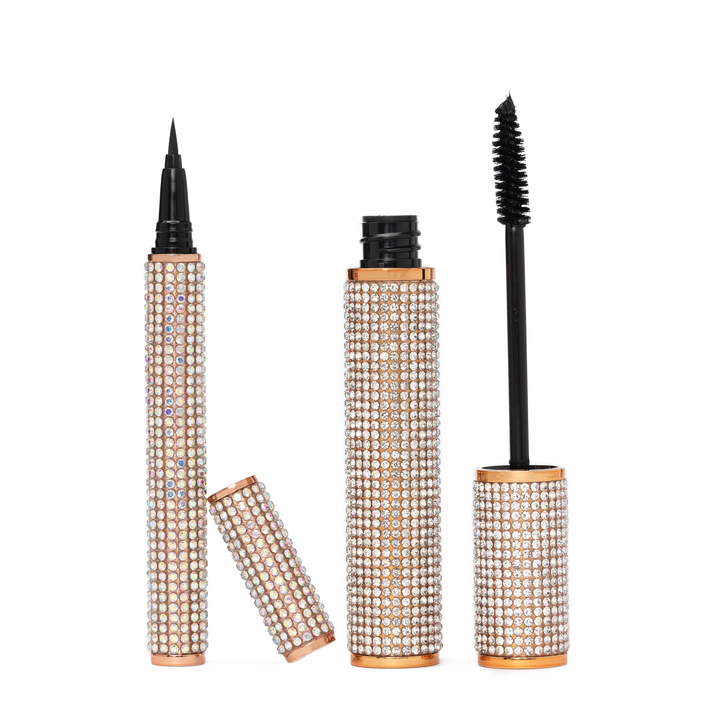 Volume Mascara and Perfect Eyeliner Set featuring a sleek mascara tube and a precise eyeliner pen, both in elegant packaging.