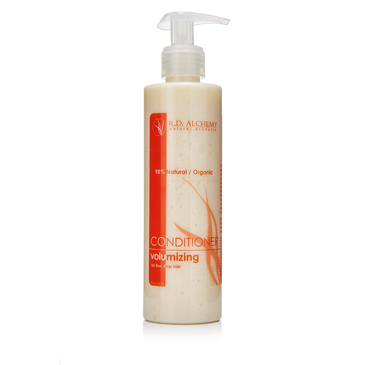 A bottle of Volumizing Conditioner designed for thin and oily hair, featuring a sleek design and vibrant label.