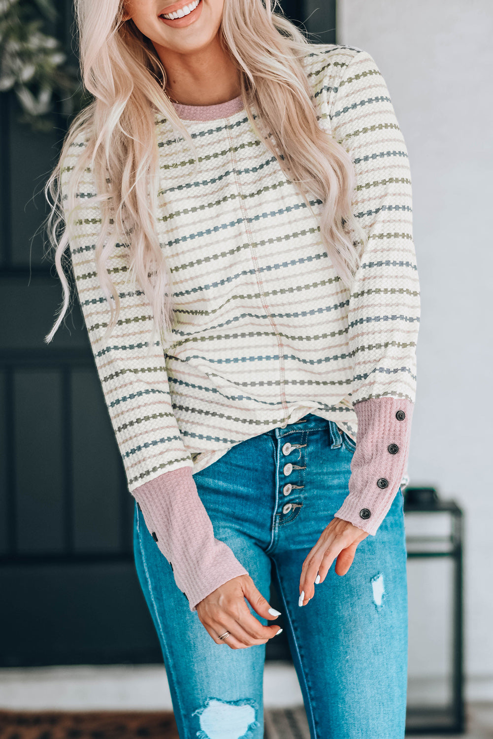 Waffle Knit Colorblock Buttoned Cuff Long Sleeve Blouse featuring a soft texture, stylish colorblock design, and buttoned cuffs.