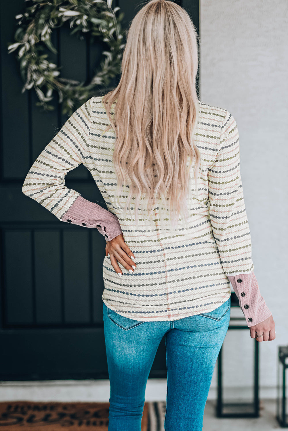 Waffle Knit Colorblock Buttoned Cuff Long Sleeve Blouse featuring a soft texture, stylish colorblock design, and buttoned cuffs.