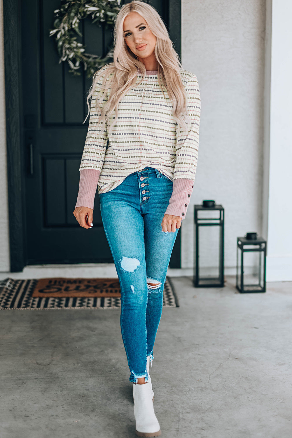 Waffle Knit Colorblock Buttoned Cuff Long Sleeve Blouse featuring a soft texture, stylish colorblock design, and buttoned cuffs.