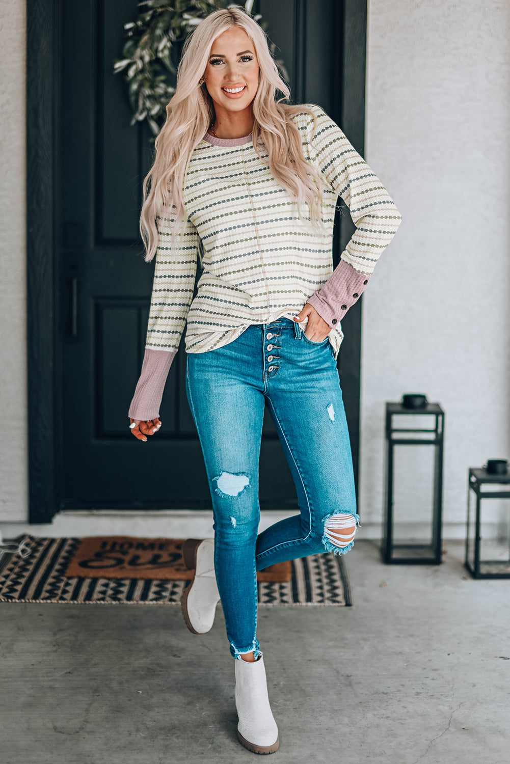 Waffle Knit Colorblock Buttoned Cuff Long Sleeve Blouse featuring a soft texture, stylish colorblock design, and buttoned cuffs.