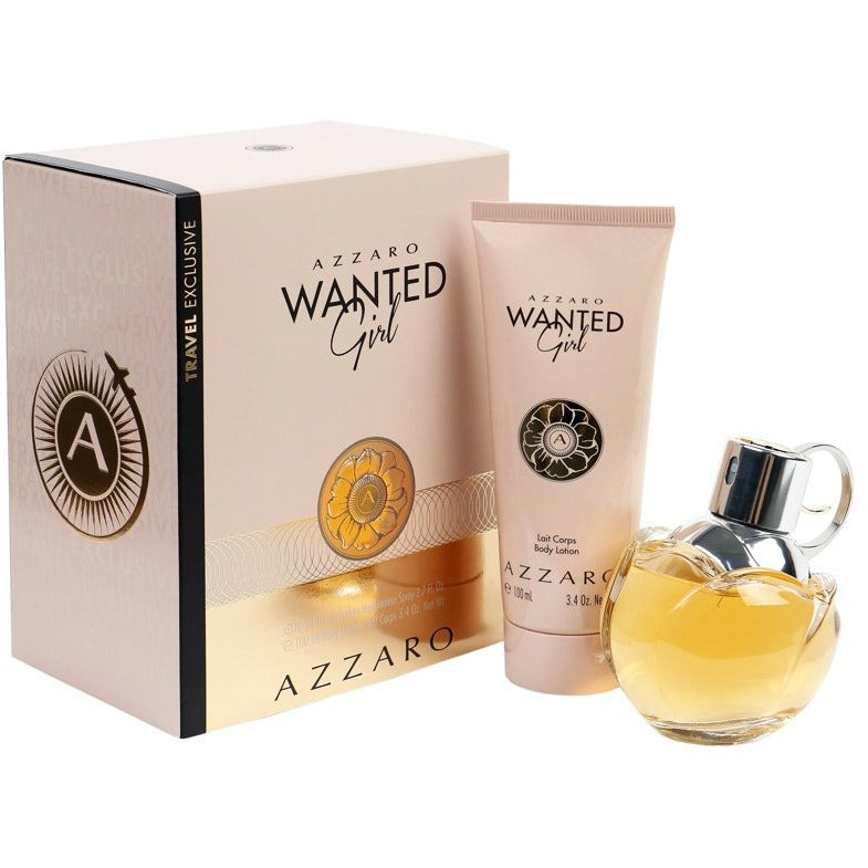 Azzaro Wanted Girl Gift Set featuring 80ml EDP and 100ml body lotion elegantly packaged.