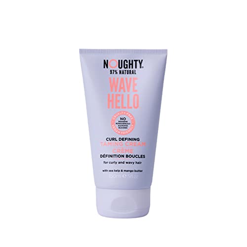 Noughty Wave Hello Curl Defining Taming Cream in a stylish container, showcasing its creamy texture and branding.