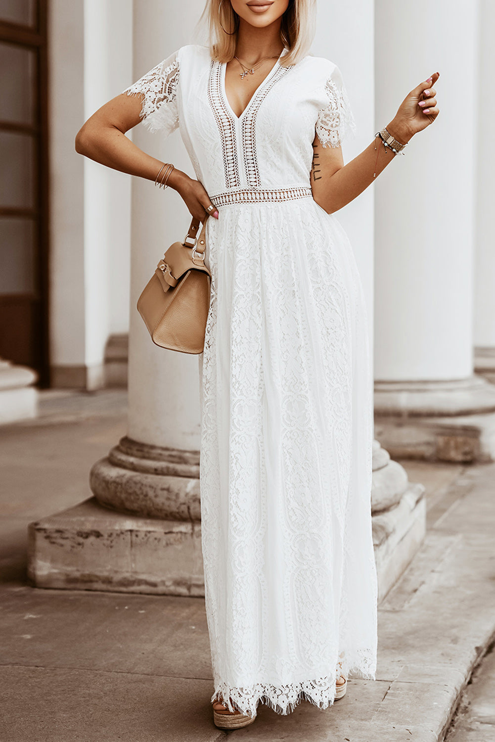 A beautiful White Blue Fill Your Heart Lace Maxi Dress featuring a lace overlay, tulle underlay, v-neckline, and short sleeves, perfect for elegant occasions.