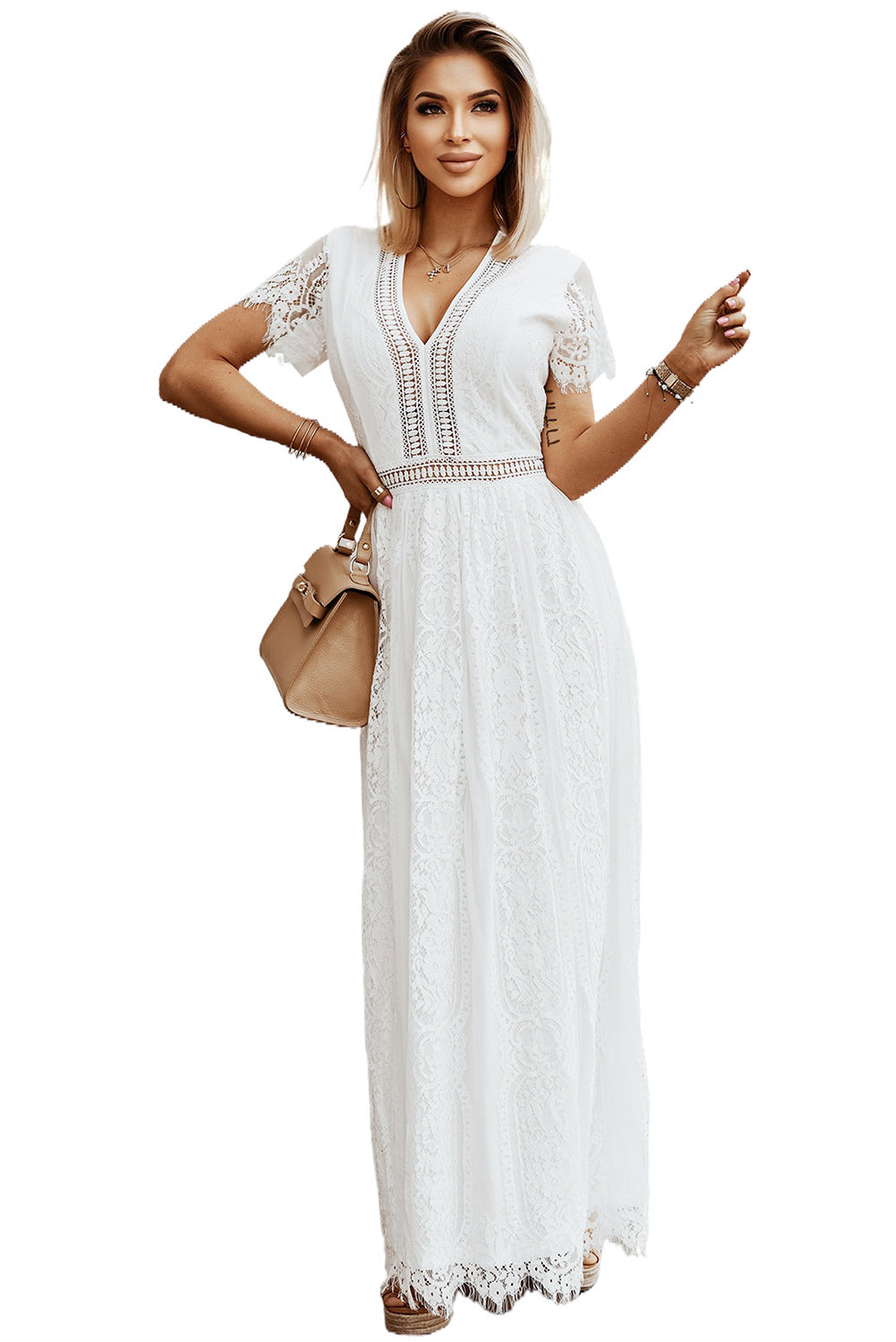 A beautiful White Blue Fill Your Heart Lace Maxi Dress featuring a lace overlay, tulle underlay, v-neckline, and short sleeves, perfect for elegant occasions.