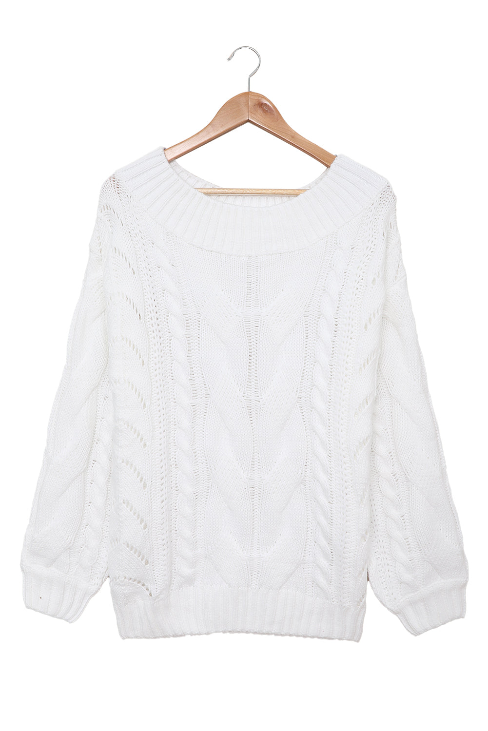 A cozy white chunky oversized pullover sweater with cable knit design, featuring a round neckline and ribbed cuffs, perfect for winter wear.