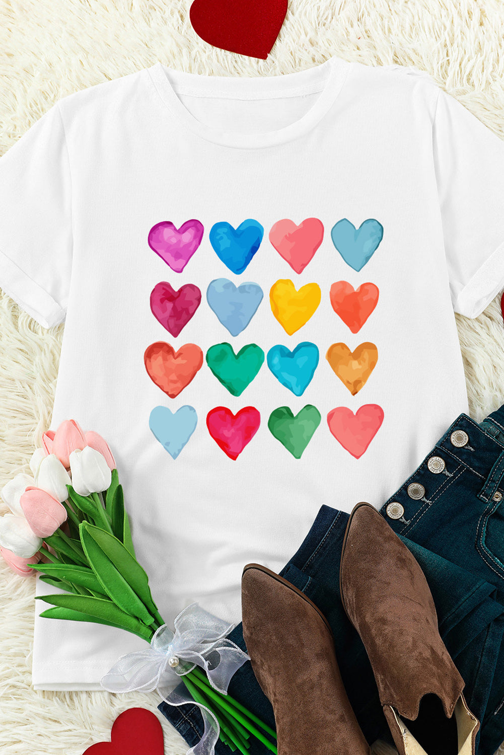 White crew neck T-shirt featuring colorful heart-shaped prints, perfect for summer and Valentine's Day.