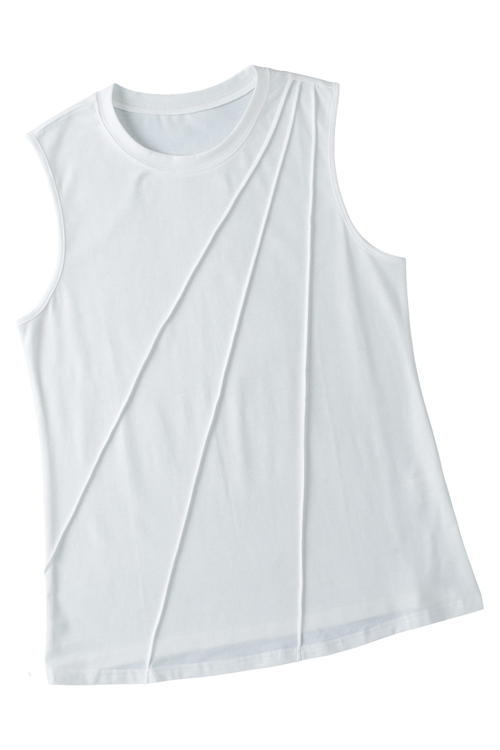 A stylish white crew neck pleated tank top displayed on a mannequin, showcasing its elegant design and pleated details.