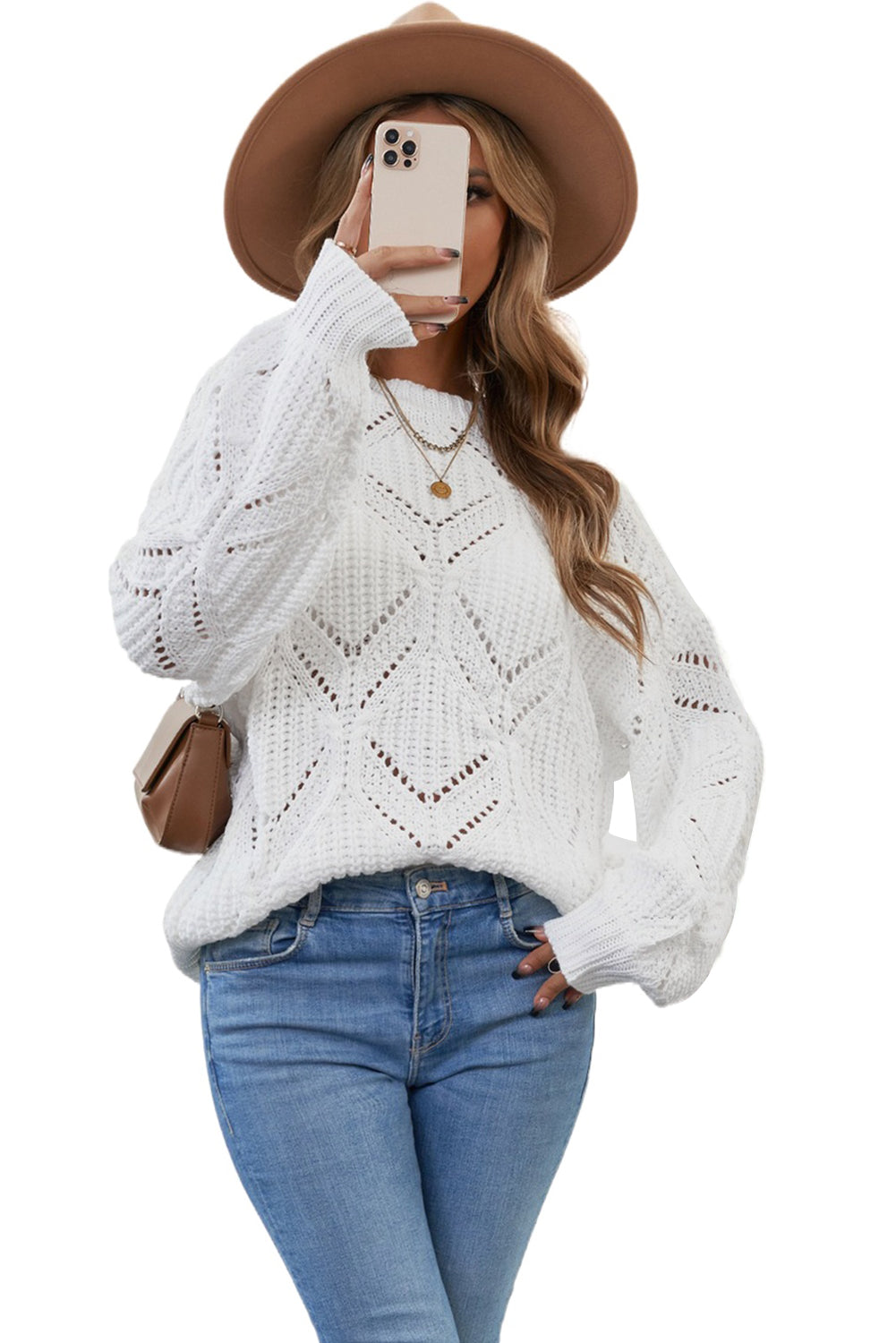 A stylish white crewneck sweater with balloon sleeves, featuring a textured knit design, perfect for casual wear.