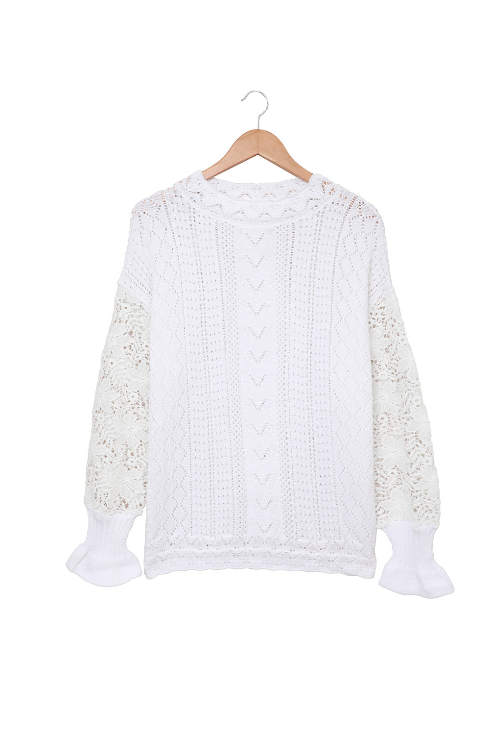 A stylish white crochet lace pointelle knit sweater featuring a scalloped neckline and sheer lace sleeves, perfect for casual and chic outfits.