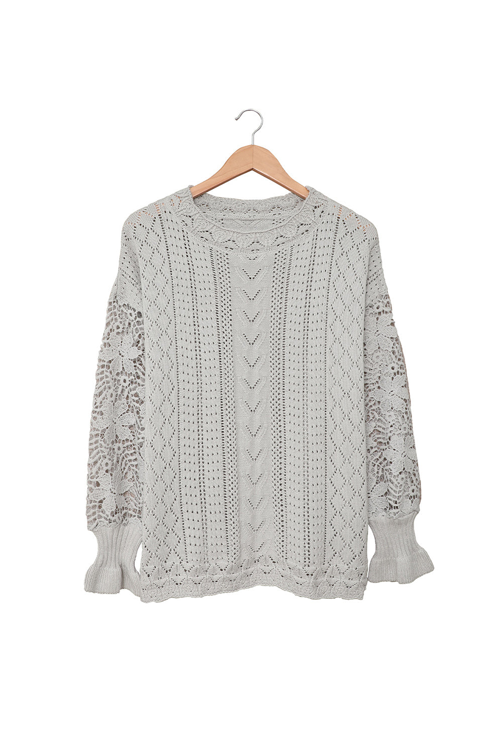 A stylish white crochet lace pointelle knit sweater featuring a scalloped neckline and sheer lace sleeves, perfect for casual and chic outfits.