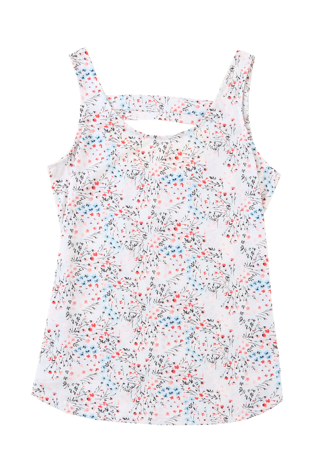 A stylish white tank top featuring a floral print and a cut-out back design, perfect for casual wear.