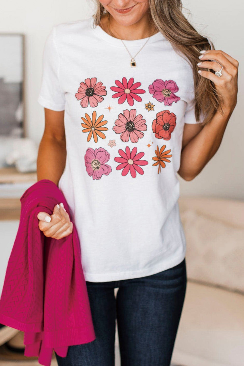 A stylish White Flower Graphic Crewneck T Shirt featuring a delicate floral design, perfect for casual wear.