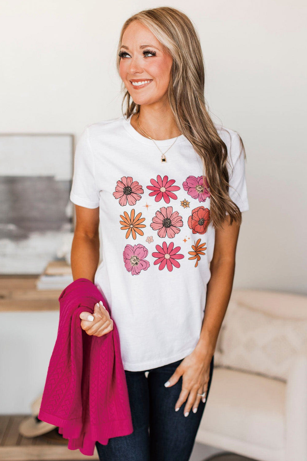 A stylish White Flower Graphic Crewneck T Shirt featuring a delicate floral design, perfect for casual wear.