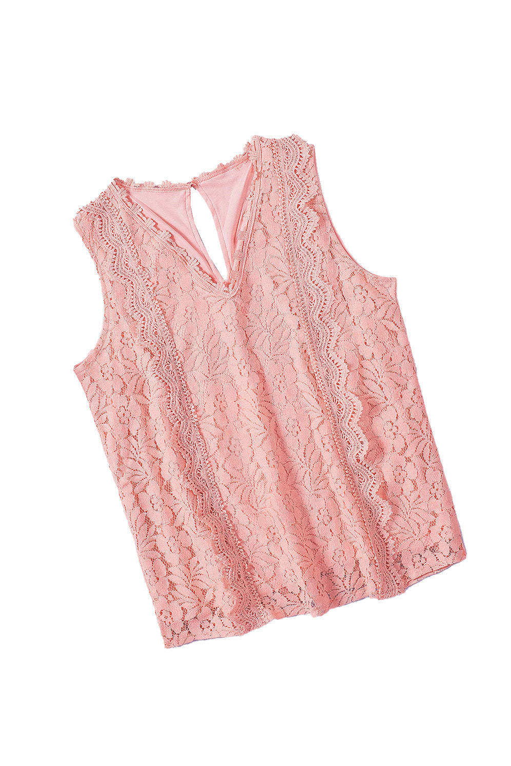 A stylish white lace v neck tank top featuring a delicate floral lace design, sleeveless cut, and a daring hollow-out back.