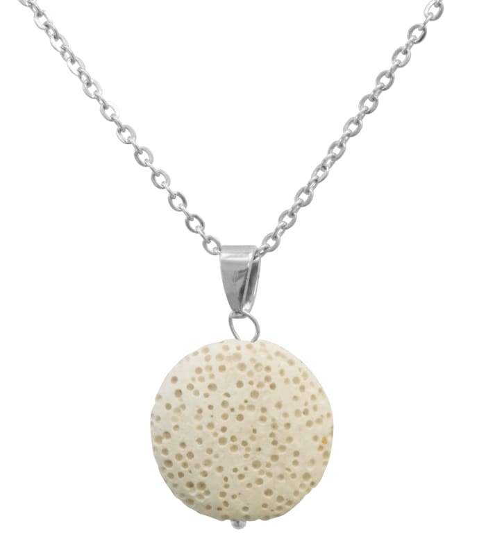 A stylish White Lava Stone Essential Oil Necklace featuring porous lava beads for absorbing essential oils, perfect for on-the-go aromatherapy.