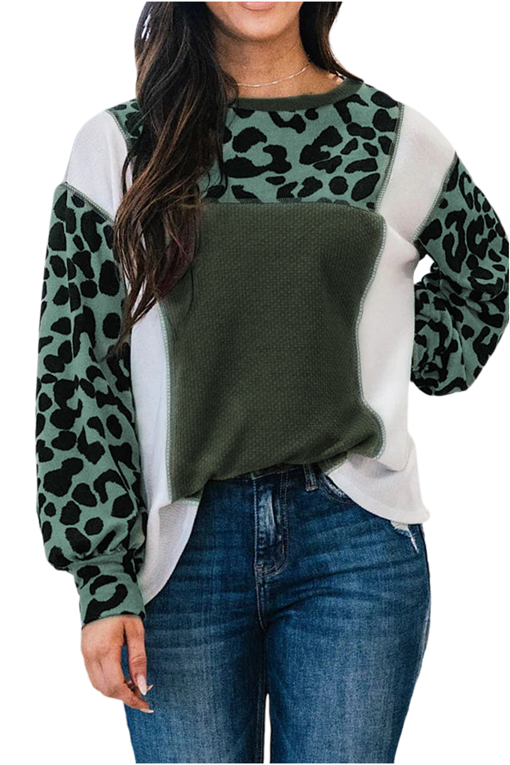 White Leopard Colorblock Patchwork Knit Top featuring a stylish design with leopard print and a relaxed fit, perfect for casual outings.