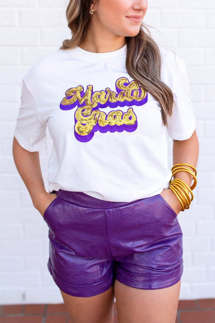 White Mardi Gras Sequin Graphic T-shirt featuring a bold design with shiny sequins, perfect for festive celebrations.