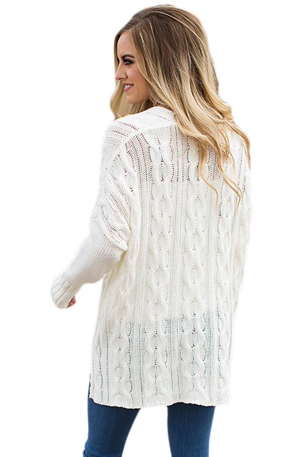 A stylish white oversized knit sweater with a deep v-neck and side slits, perfect for cozy wear.