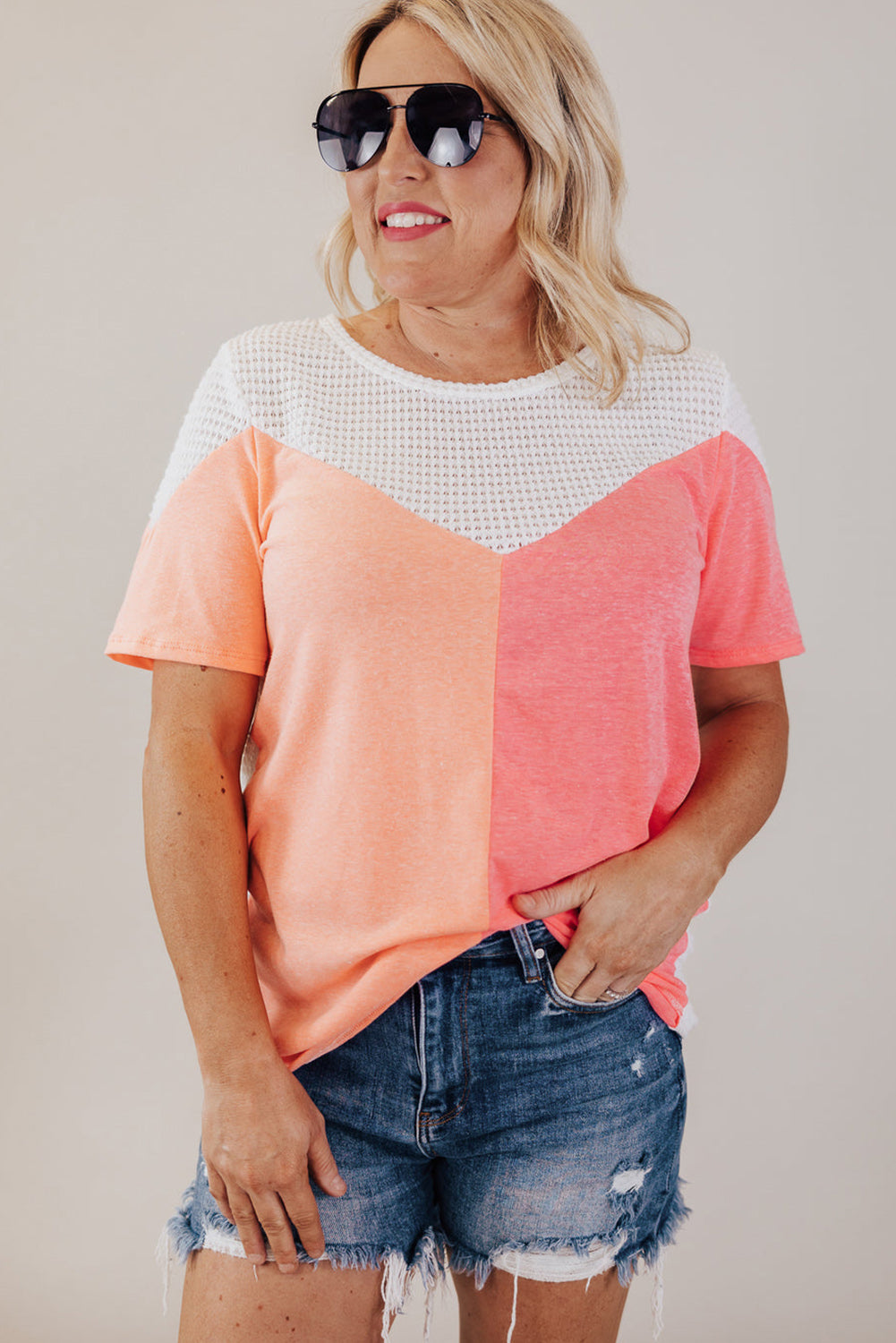 White Plus Size Colorblock Waffle Knit Tee featuring a stylish design and soft fabric, perfect for casual wear.