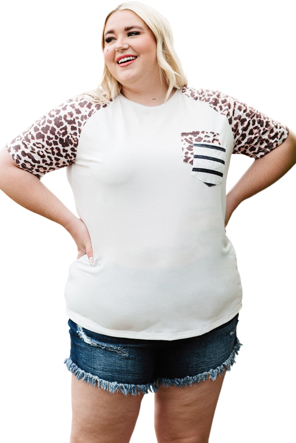 White plus size double pocket top featuring a chic leopard print and color block design, perfect for casual wear.