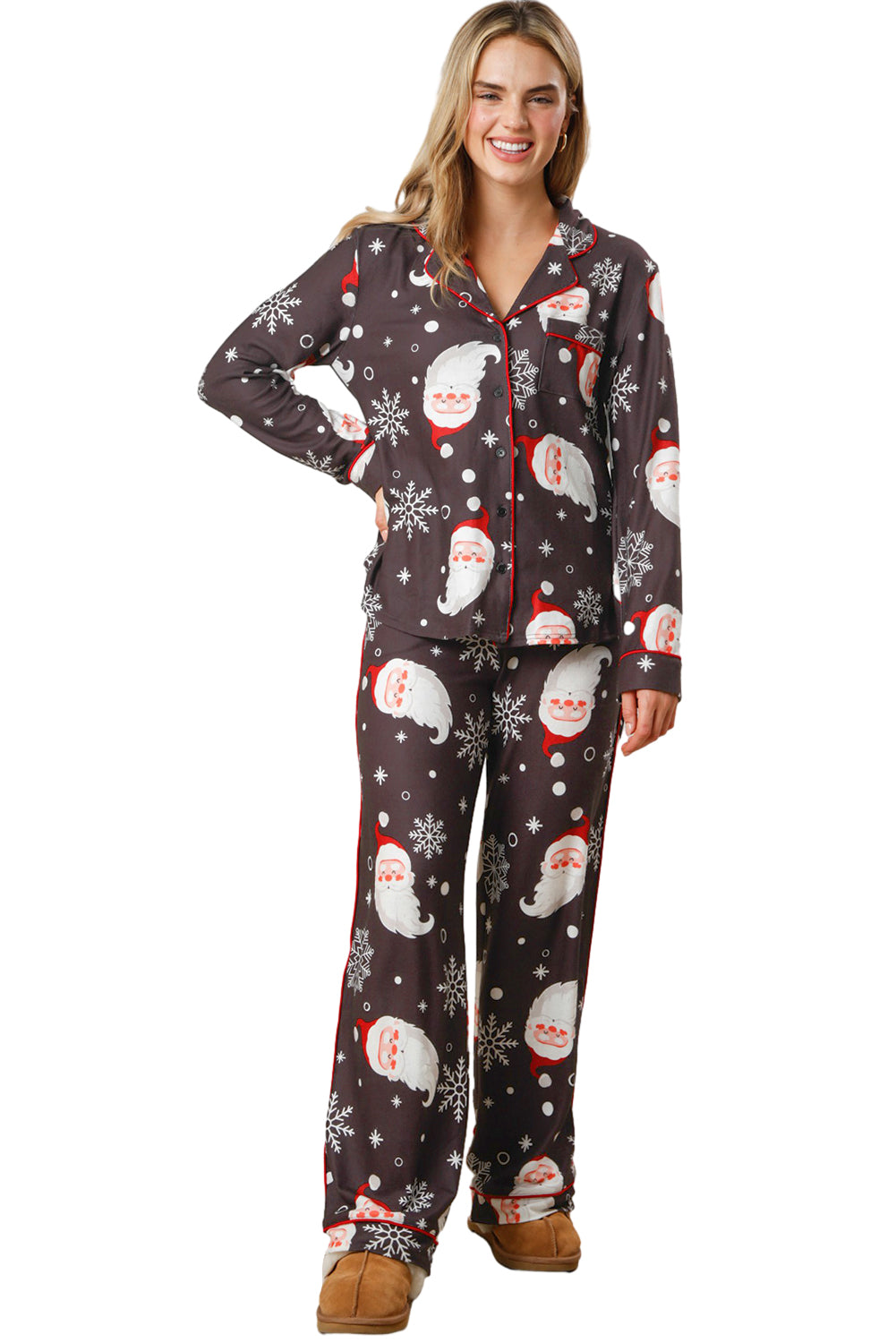 White Christmas pajama set featuring Santa Claus print on shirt and pants, perfect for holiday celebrations.