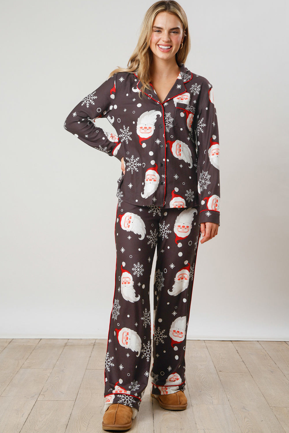 White Christmas pajama set featuring Santa Claus print on shirt and pants, perfect for holiday celebrations.