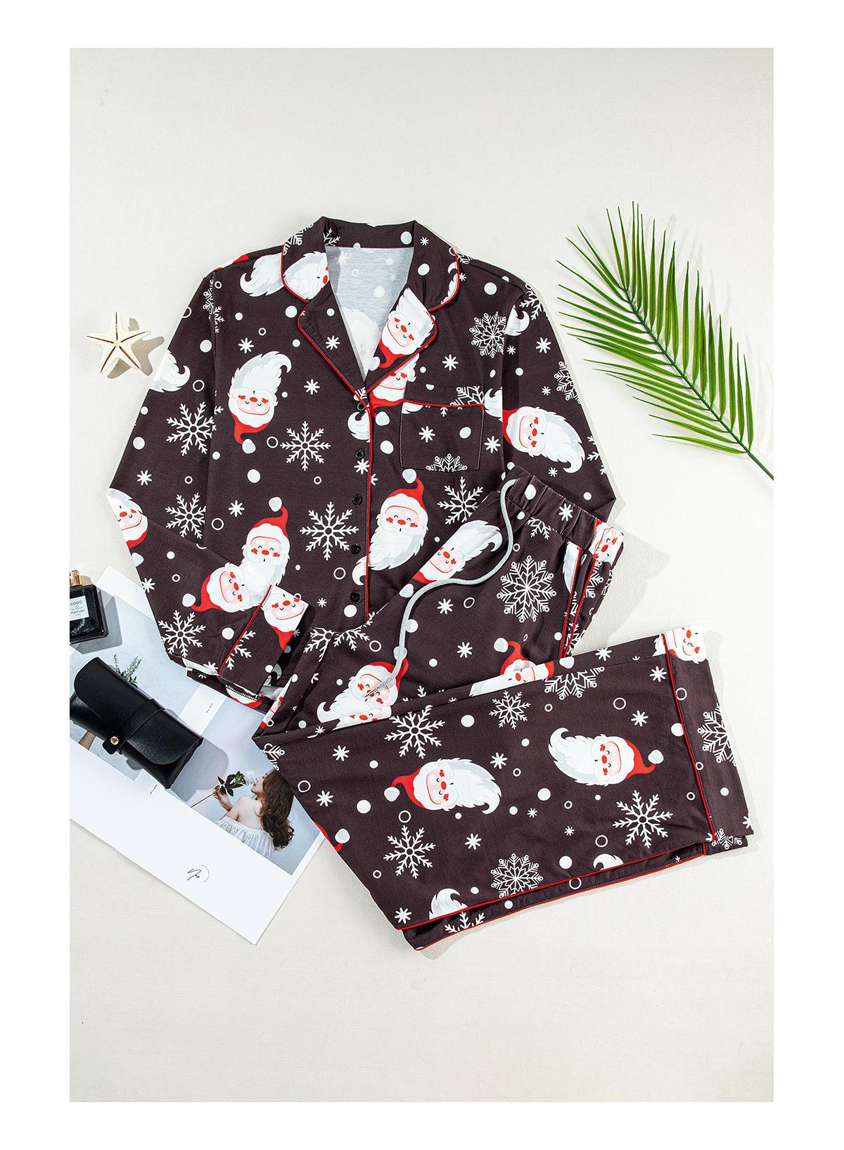 White Christmas pajama set featuring Santa Claus print on shirt and pants, perfect for holiday celebrations.