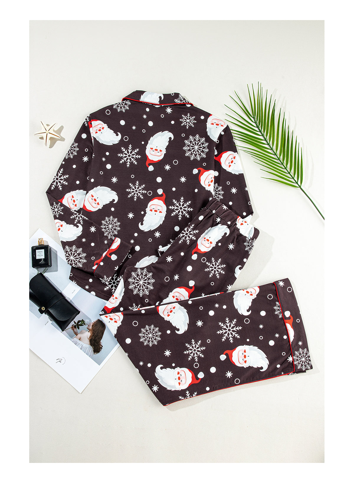 White Christmas pajama set featuring Santa Claus print on shirt and pants, perfect for holiday celebrations.