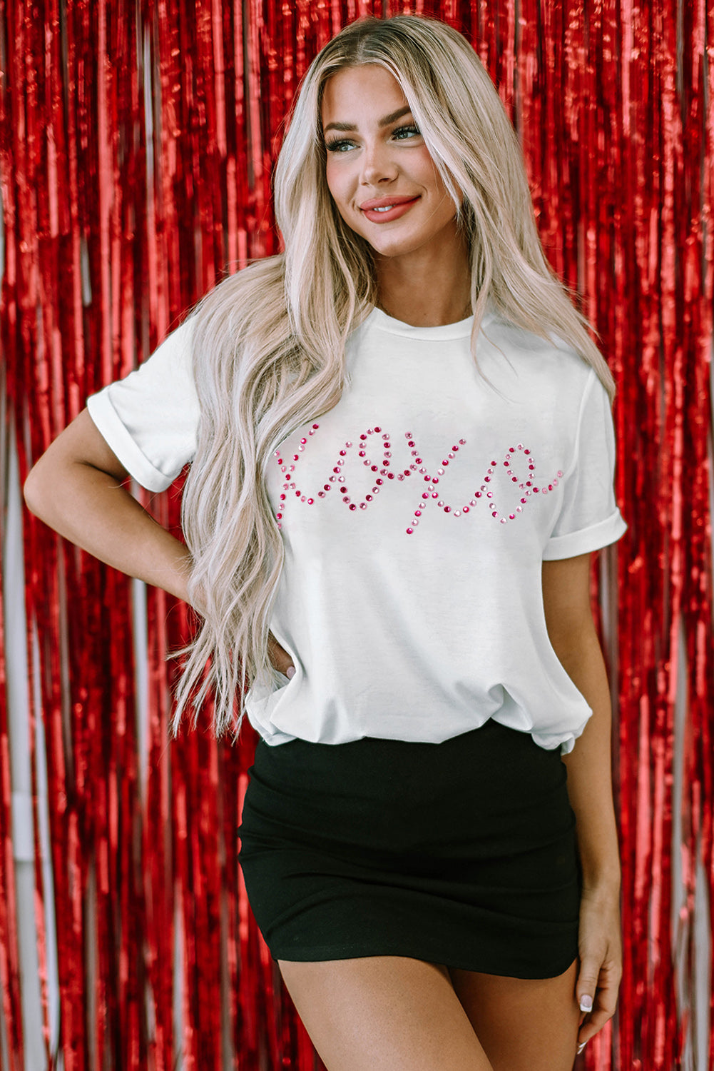 White Rhinestone XOXO Valentine Tee featuring sparkling rhinestones spelling XOXO, perfect for Valentine's Day.