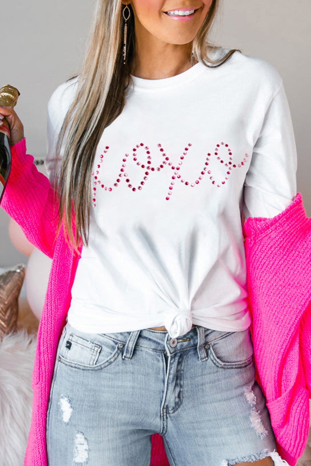 White Rhinestone XOXO Valentine Tee featuring sparkling rhinestones spelling XOXO, perfect for Valentine's Day.