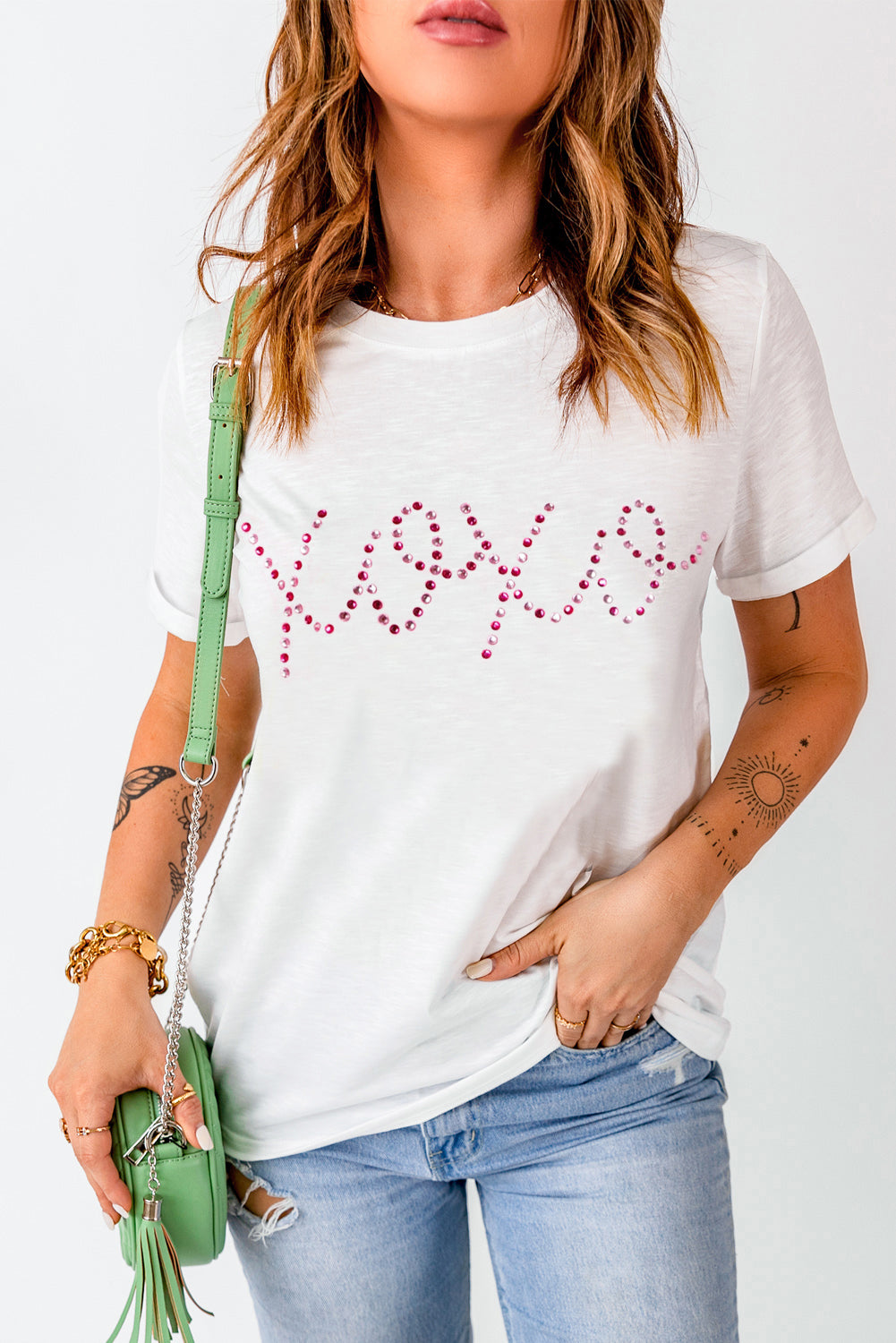 White Rhinestone XOXO Valentine Tee featuring sparkling rhinestones spelling XOXO, perfect for Valentine's Day.