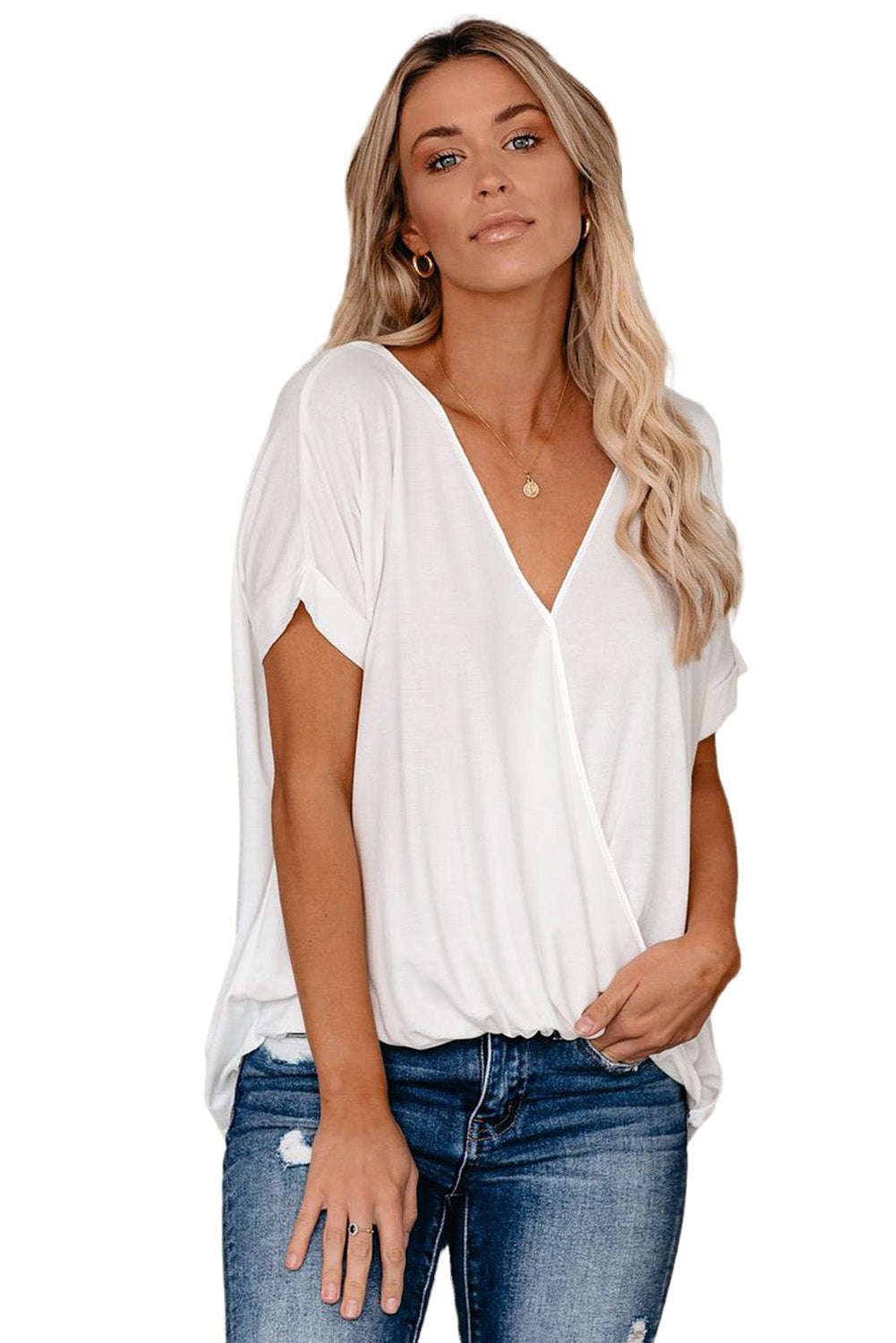 White short sleeves drape knit top with v-neckline and cuffed sleeves, showcasing a chic hi-lo hem design.