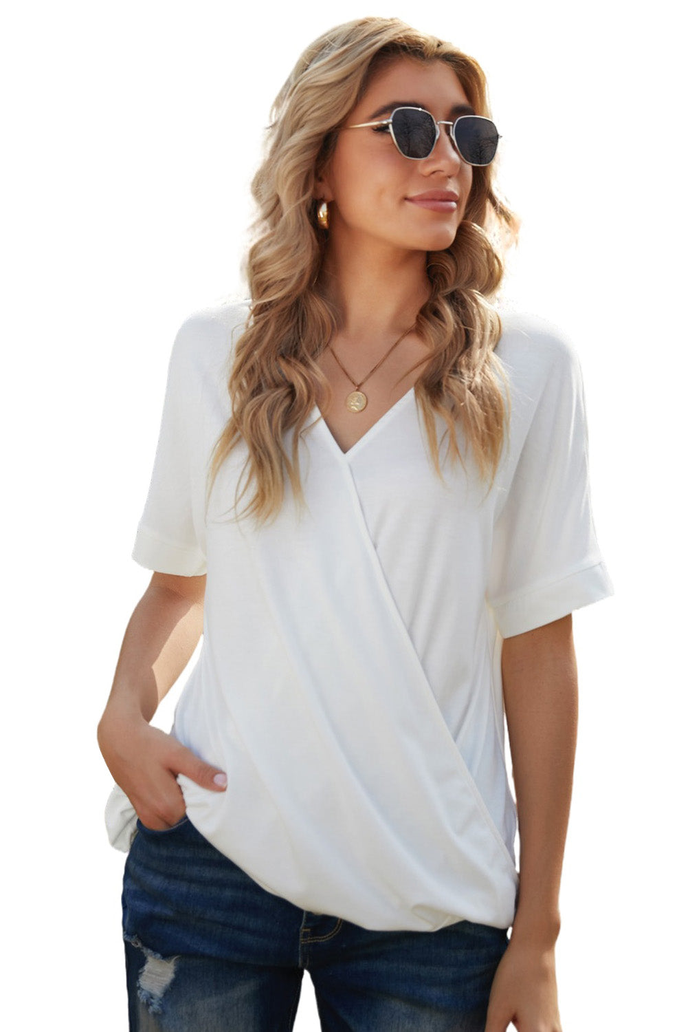 White short sleeves drape knit top with v-neckline and cuffed sleeves, showcasing a chic hi-lo hem design.