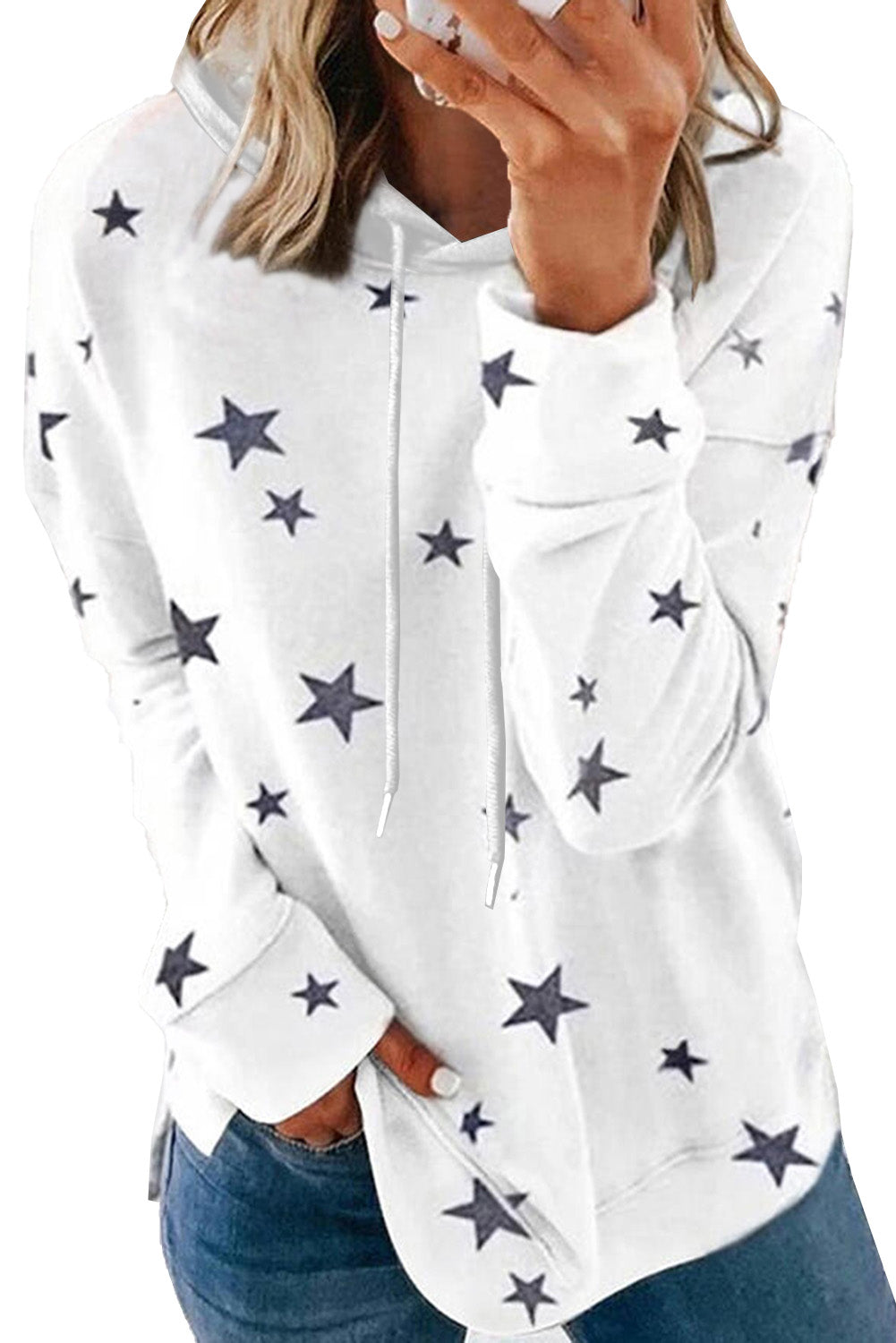 A stylish white hoodie featuring a star print design and side slits, perfect for casual wear.