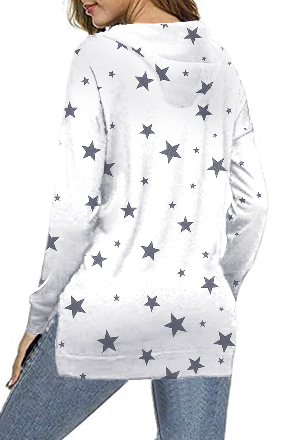 A stylish white hoodie featuring a star print design and side slits, perfect for casual wear.